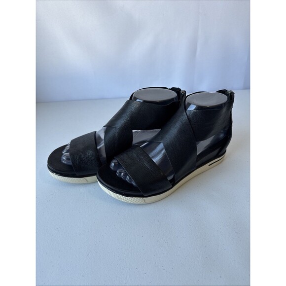 Eileen Fisher Black Sport Tumbled Leather Platform Sandals Women's Size 7 - Picture 11 of 12